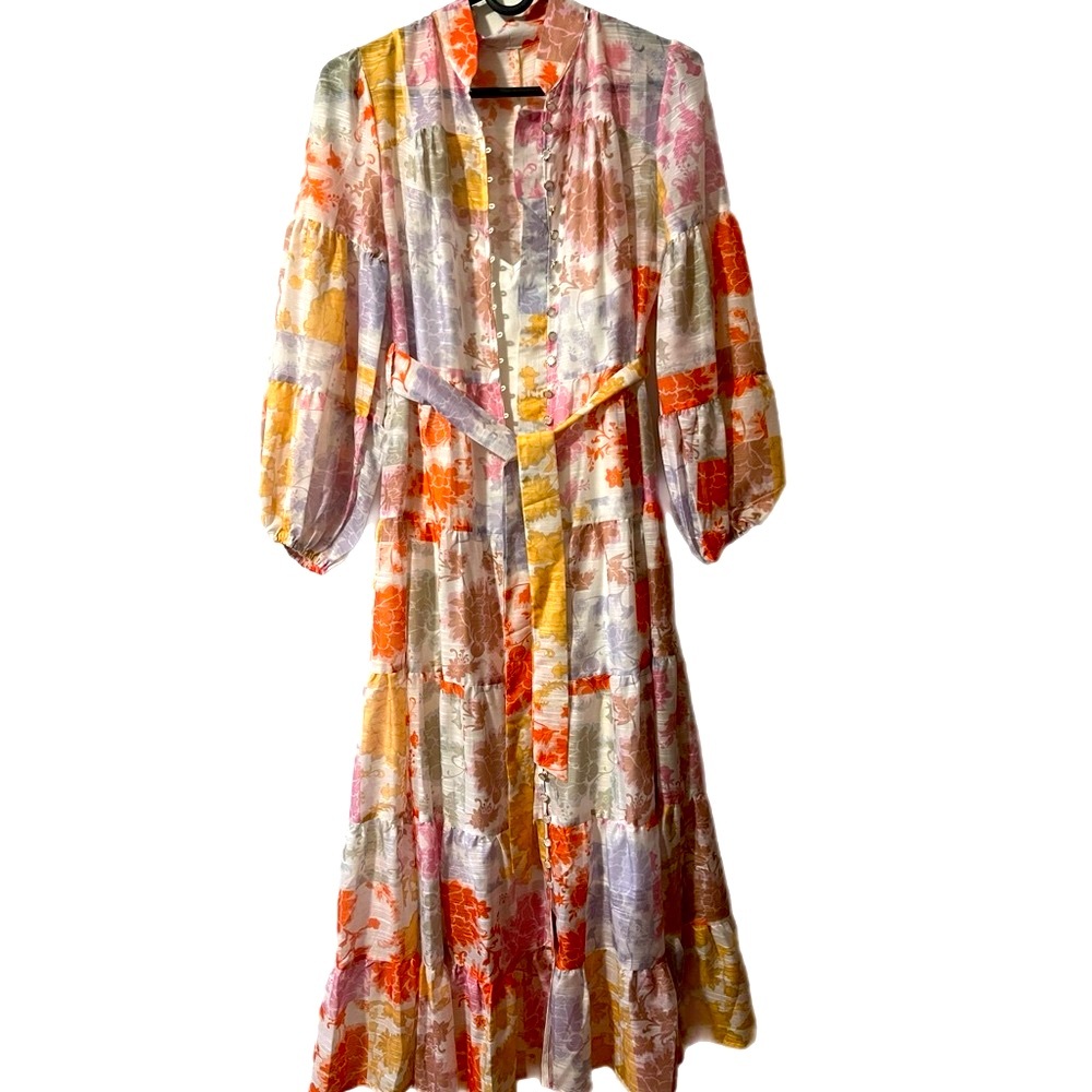Botton front  beautiful long colorful dress .
